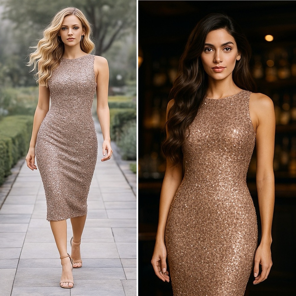 Mac Duggal 5526 Rosewood Rose Gold Sequin Jewel Neck Tea Length Dress NWT 12 - Picture 1 of 14